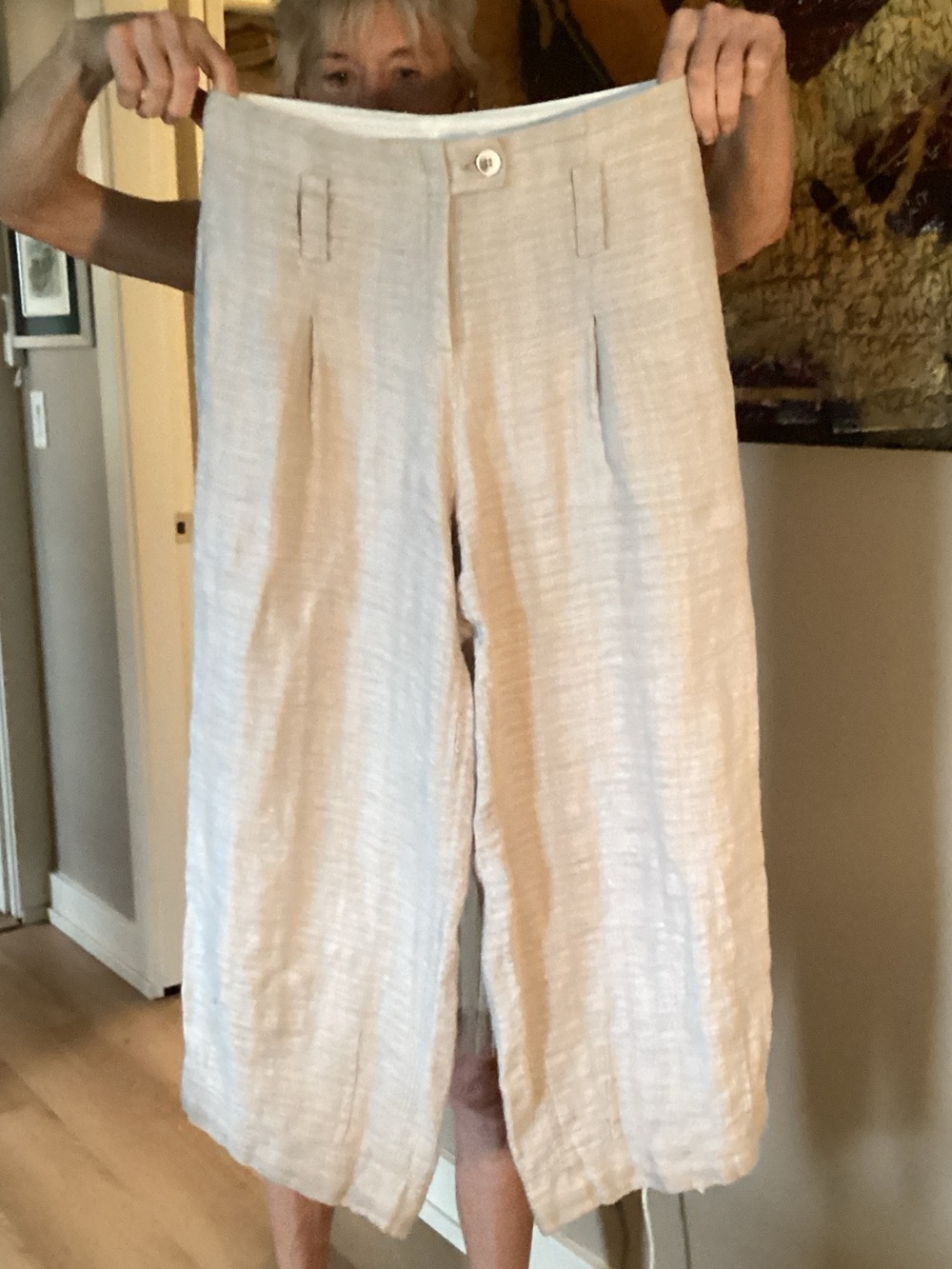 Women's Cream Cropped Wide-Leg Linen-Blend Pants